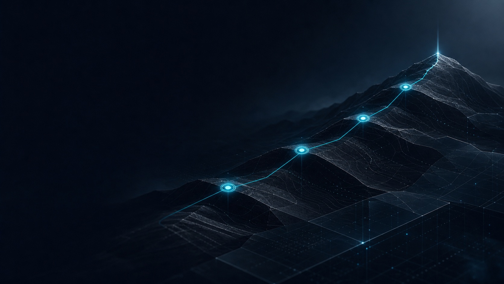 Abstract four-stage ascent route rising toward a summit in the Ascend navy and cyan visual system