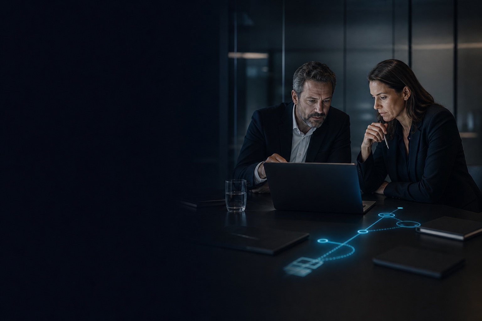 Two executives working through an AI roadmap at a dark boardroom desk