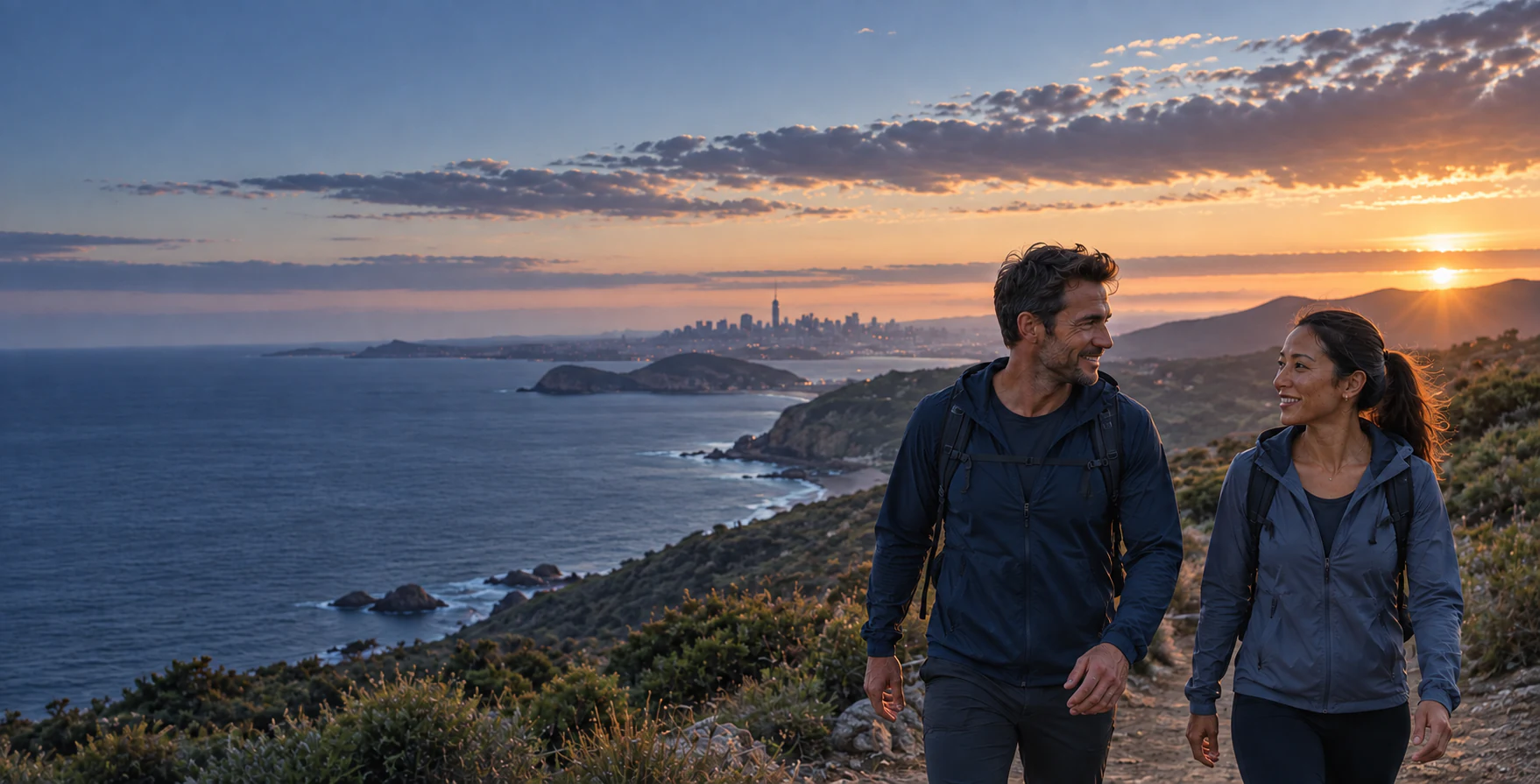 Two friends walking a coastal path at dusk with the city behind them