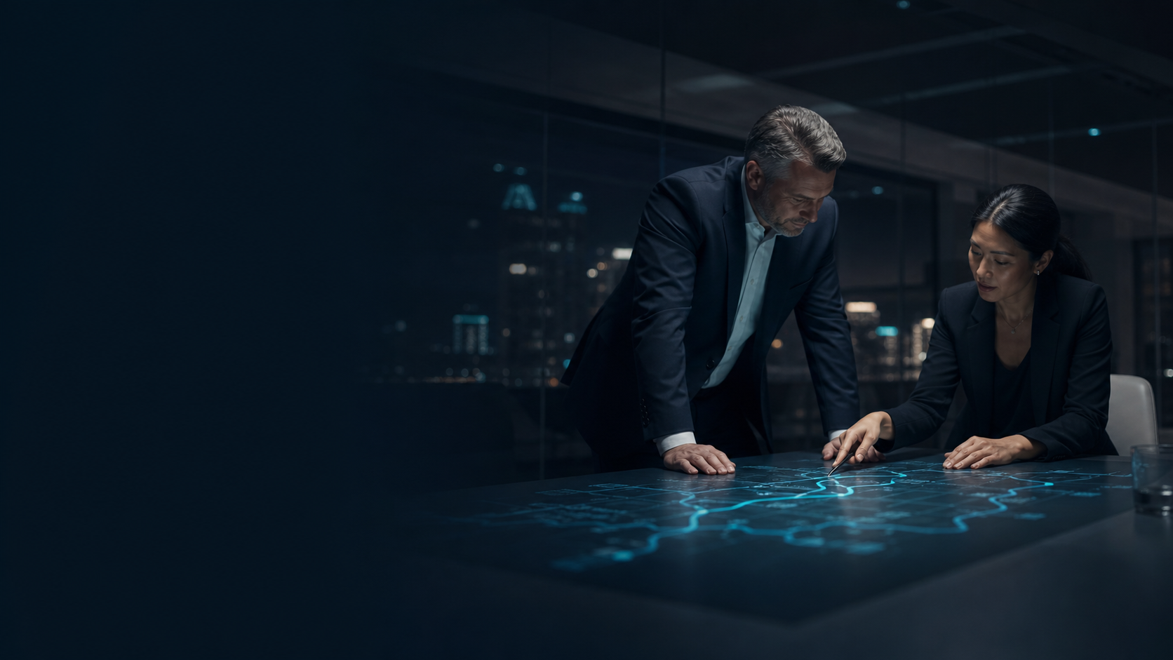 Two executives shaping an AI operating roadmap together in a dark boardroom